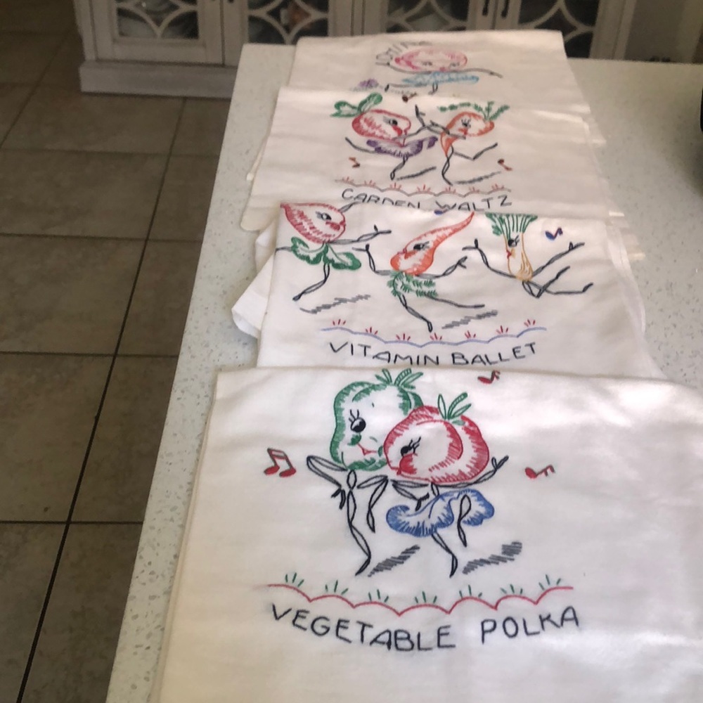 Vintage embroidered tea towels vegetable, country, vegan decor, granny core,